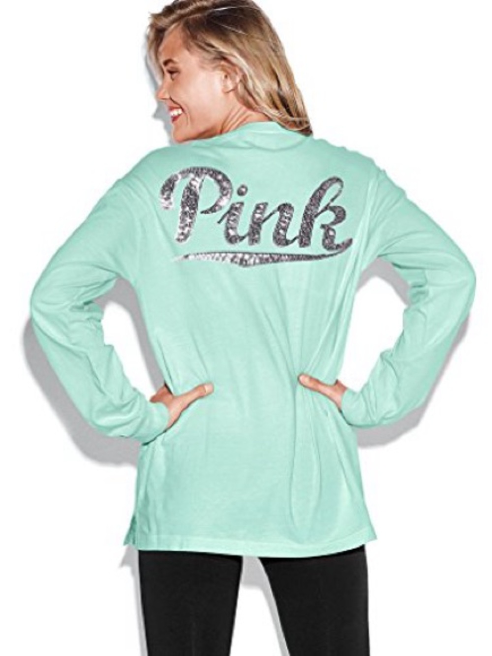 Victoria’s Secret Pink Mint Silver Sequin Bling Logo Long Sleeve T-Shirt FLAW